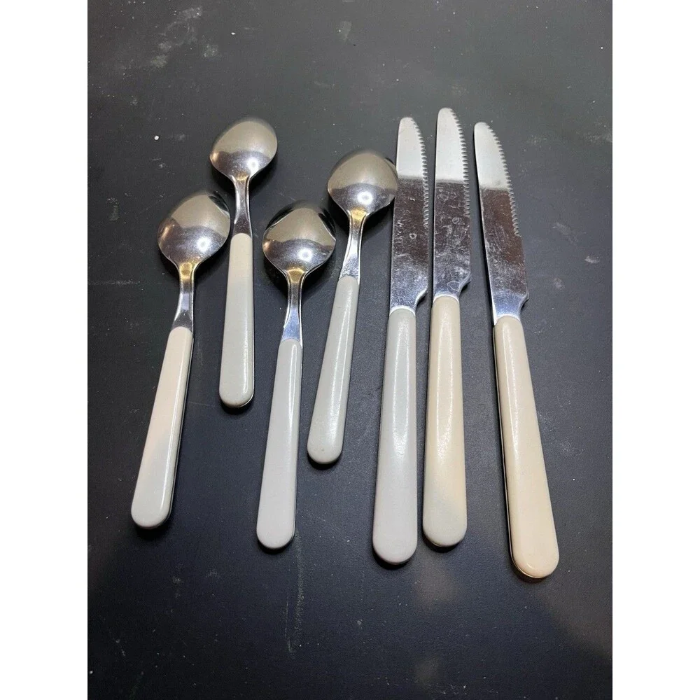 Vintage 7pc Stainless Steel Alco White Handle Flatware MCM Retro Silverware